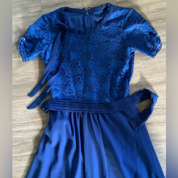 Handmade blue dress with lace bodice and matching belt - Picture 2 of 7